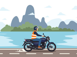 Thai "Win" style motorcycle taxi service vector illustration: Driver in orange vest rides along a scenic tropical coast road with mountains.