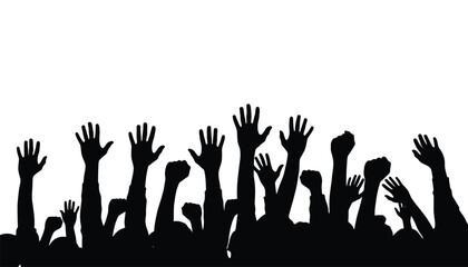 A group of people with their hands raised in the air in a gesture of celebration or protest