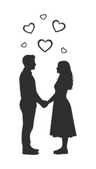 A romantic couple holding hands with hearts floating above them in a loving gesture