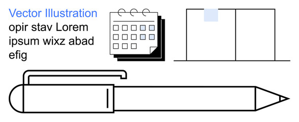 Planning, organization, time management, creativity, office supplies, stationery tools. Black pen, calendar and geometric shapes . Planning and organization concepts