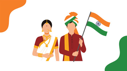 Fototapeta premium A patriotic illustration of an Indian man and woman in traditional attire, with the man proudly holding the national flag of India.