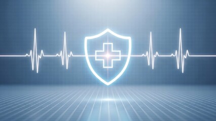 Medical protection shield with cross icon on heartbeat monitor background for healthcare safety
