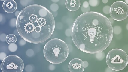 Abstract Bubbles with Business and Technology Icons Floating.