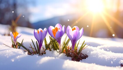 Spring Crocus Flowers Blooming Through Snow with Sunlight.