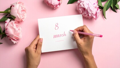White card, woman's hand writing on it aesthetically: "8 March" with a pink pen, flowers lying next to it, top view.