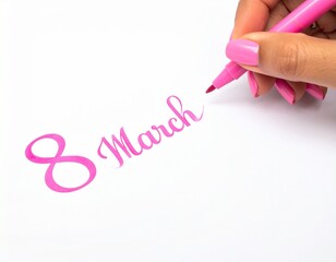 White background, a woman's hand with pink nails writing ornately: "8 March" with a pink pen.