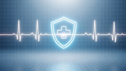 Luminous medical shield icon on digital heartbeat grid background for secure health management