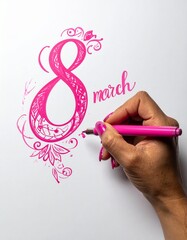 White background, a woman's hand with pink nails writing ornately: "8 March" with a pink pen.