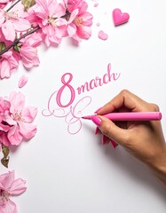 White background, a woman's hand with pink nails writing ornately: "8 March" with a pink pen.