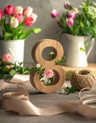 Background for Women's Day, a wooden "8", from which flowers and plants grow, around the 8 lie ribbons and strings and watering cans.