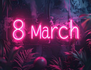 Dark background, pink neon text: 8 march, background for Women's Day.