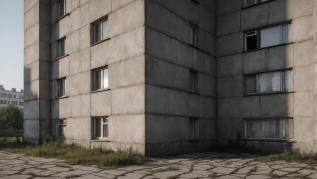 Exterior shot of a dilapidated concrete apartment building corner. Sunlit windows, overgrown grass, paved area
