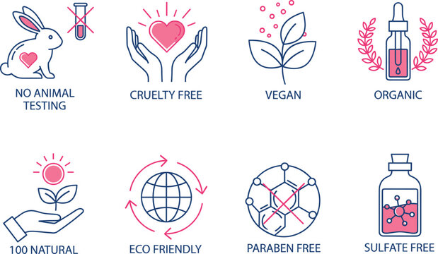 Ethical beauty icon set with cruelty free vegan and paraben free symbols