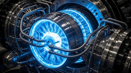 Close-up of a powerful jet engine with glowing blue flames.