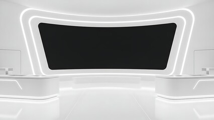Futuristic White Studio Set with Large Black Screen and Neon Lighting.