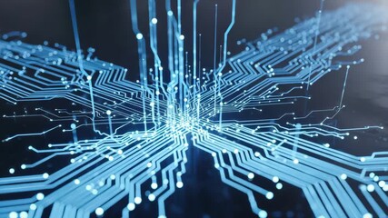Abstract digital circuit board network with interconnected lines and nodes representing technology and data flow - Powered by Adobe