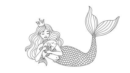 A sweet black and white coloring page illustration featuring a lovely mermaid princess with a crown, gently hugging a cute fish.