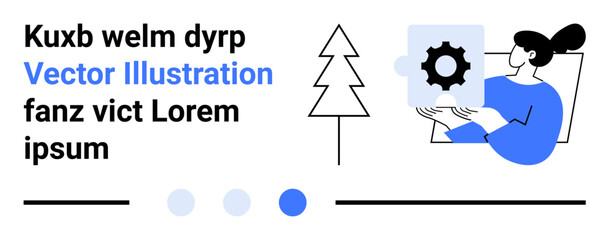 Woman holding a gear icon, tree illustration, minimal text, and dots design. Ideal for technology, teamwork, system, innovation, creativity workflow simple landing page © robu_s