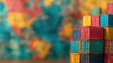 Colorful shipping containers stacked in front of a painted map background
