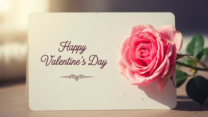 Happy valentines day card with pink rose on wooden table indoors