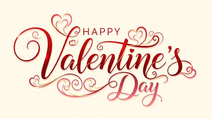 Happy valentines day greeting with red hearts and swirls on beige background