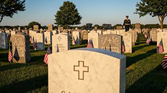 Sunlit cemetery with white headstones and a peaceful landscape under a blue sky.