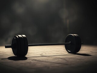 A solitary barbell lies in shadow, its weight a silent echo in a muted, hazy scene, evoking enduring effort,  diffused light,  forgotten equipment