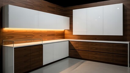 Modern Kitchen Interior Design with Sleek White and Wood Cabinetry.