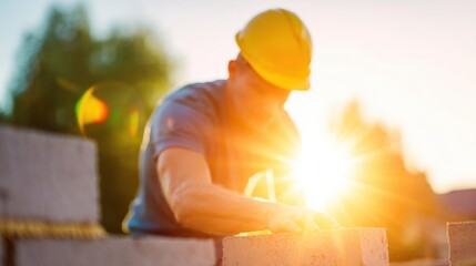 Construction worker lays bricks at sunset on a building site