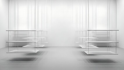 Minimalist White Gallery Space with Suspended Shelving Units.