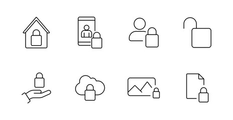 Cybersecurity and privacy set icon. Locked house, mobile lock, user lock, open lock, hand lock, cloud lock, photo lock, file lock outlined for digital protection and secure access concepts.