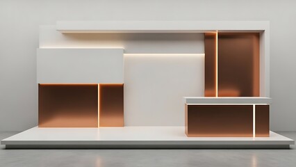 Modern minimalist exhibition stand design with copper accents and integrated lighting.