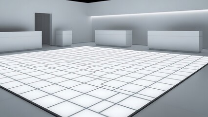 Modern minimalist white grid floor in a spacious empty room with ambient lighting.