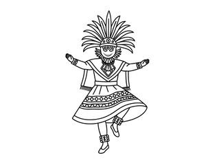 Traditional aztec or mayan dancer in mid performance with feathered headdress and ornate skirt