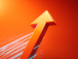 A large orange arrow pointing upwards with motion blur on an orange background with light streaks