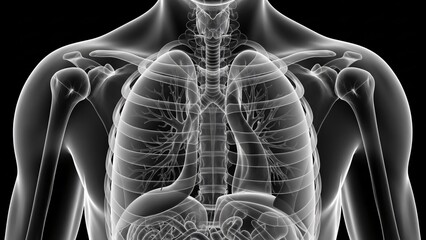 Human male body chest internal organs skeleton lungs bronchi ribs anatomy x ray medical illustration