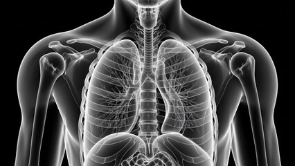 Human male body chest internal organs skeleton lungs bronchi ribs anatomy x ray medical illustration