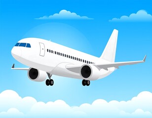 Obraz premium Animated white commercial passenger airplane taking off against blue sky