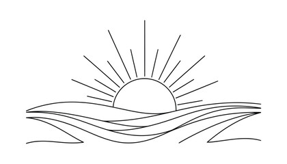 A minimalist line drawing of a sunrise over wavy hills with radiant beams