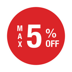 &rdquo;MAX5%OFF&rdquo; の文字入りマーク　円形　背景透過　赤色


