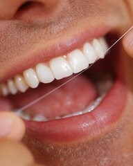 Unfiltered Glimpse: Daily Flossing in Unflattering Light with Mirror Reflection of Routine Dental Care