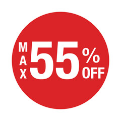&rdquo;MAX55%OFF&rdquo; の文字入りマーク　円形　背景透過　赤色
