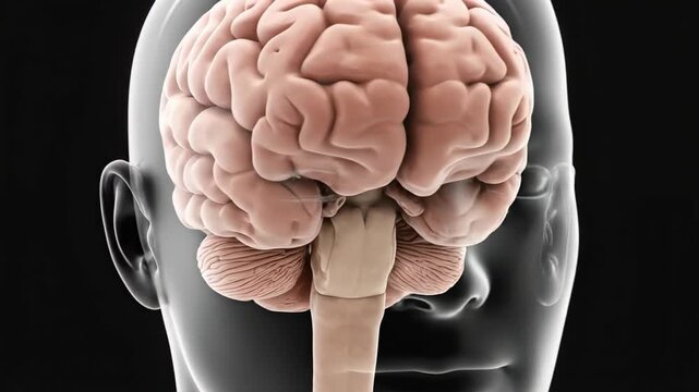 Medical illustration showing the human brain, brainstem, and skull anatomy.