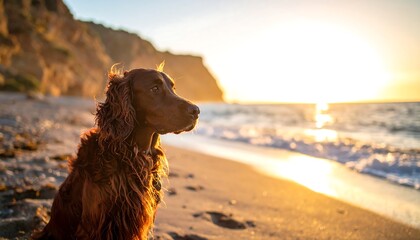 A loyal Irish Setter dog sits on a sandy beach at sunset, gazing out at the ocean waves.
