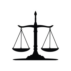A black silhouette of a balanced scale symbolizing justice equality and fairness in a legal or judicial context often used to represent law and order