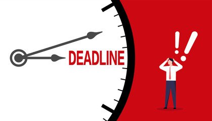 A clock points to "DEADLINE" while a stressed businessman holds his head in distress, illustrating the anxiety of meeting an urgent task deadline.