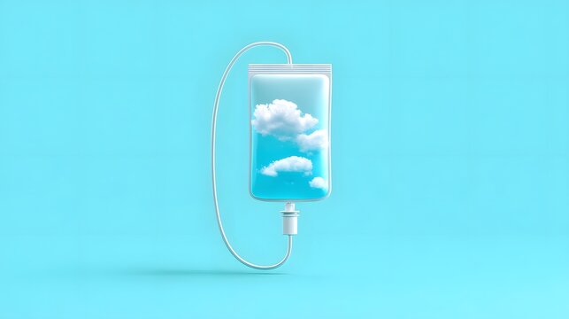 A surreal intravenous drip bag contains a serene sky filled with fluffy white clouds representing concepts of healing peace and aspi nal relief
