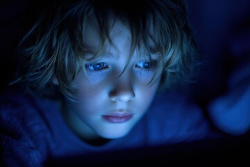Digital Kid: Portrait of Child in Zombie-Like Trance Staring at Illuminated iPad Screen in Dark Room