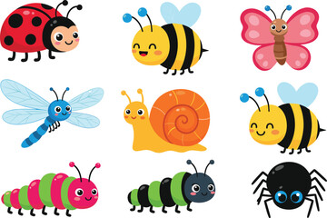 Cute cartoon insects collection with ladybug bee butterfly snail dragonfly caterpillar spider colorful vector illustration for kids design © Farzana