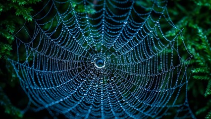 Intricate close-up of dew-covered spider web strung between vibrant green ferns in dense, misty Pacific Northwest rainforest under diffuse morning light